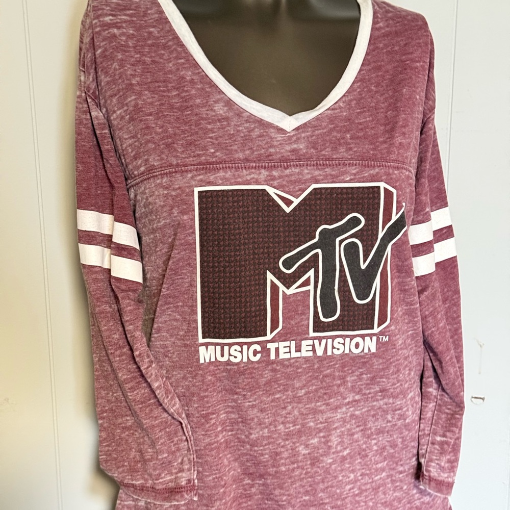 MTV Vintage Burgundy Long Sleeve V-Neck Tee with White Details